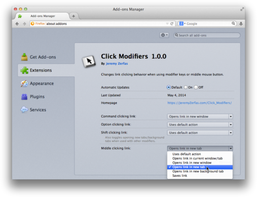 The preferences screen for Click Modifiers.