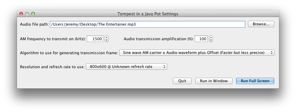 Settings dialog box for Tempest in a Java
							Pot.